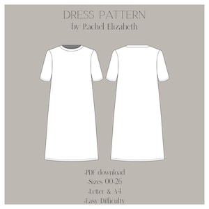 Sewing Pattern downloadable Tee Shirt Dress, simple easy beginner sewing pattern, t-shirt dress sewing pattern, print at home pattern