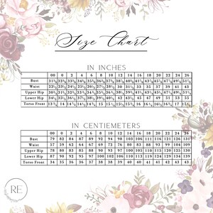 The size chart for our pdf instant download sewing  patterns. There is also a floral banner around the edges and a logo in the corner. The size chart is listed in inches and centimeters.
