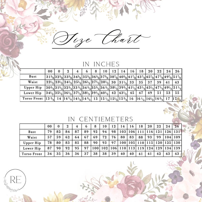 The size chart for our pdf instant download sewing  patterns. There is also a floral banner around the edges and a logo in the corner. The size chart is listed in inches and centimeters.