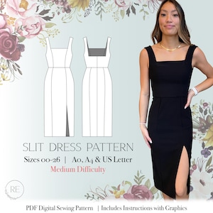 Downloadable Sewing Pattern Fitted Square Neck Dress with Slit, instant download sewing pattern how to with instructions princes seams midi