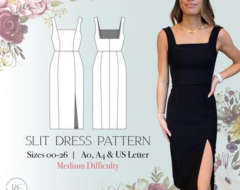 Herunterladbare Schnittmuster ausgestattet mit quadratischem Ausschnitt Kleid mit Schlitz, sofort download Nähanleitung mit Anleitung Prinzen Nähte Midi