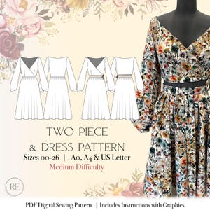 Sewing Pattern, Two-piece dress Wrap-top Pleated Skirt or Dress Pattern, bishop sleeves, download sewing pattern, at home sewing, how to sew