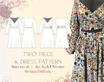 Patron de couture, robe deux pièces, jupe plissée ou patron de robe  cache-cœur, manches évêque, modèle de couture à télécharger, couture à la  maison, - Main Image