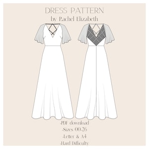 Sewing Pattern Raglan Sleeve Open Back Strapy Dress, Midi dress pattern with flutter sleeves, aline download sewing pattern open back deep v