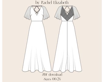 Sewing Pattern Raglan Sleeve Open Back Strapy Dress, Midi dress pattern with flutter sleeves, aline download sewing pattern open back deep v