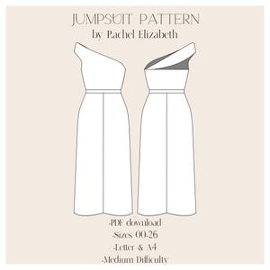 May include: A digital pattern for a one-shoulder jumpsuit. The pattern includes two views of the jumpsuit, one with a solid color and one with a contrasting color panel. The text "JUMPSUIT PATTERN by Rachel Elizabeth" is at the top of the image. The text "PDF download, Sizes 00-26, Letter & A4, Medium Difficulty" is at the bottom of the image.