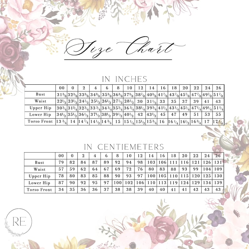 The size chart for our sewing  patterns. There is also a floral banner around the edges and a logo in the corner.