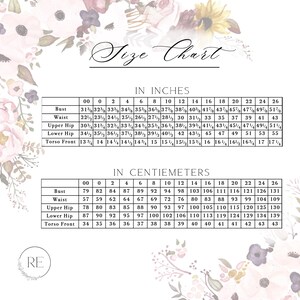 May include: Size chart in inches and centimeters for clothing. The chart lists bust, waist, upper hip, lower hip, and torso front measurements for sizes 00 to 26.