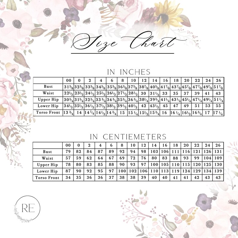 May include: Size chart in inches and centimeters for clothing. The chart lists bust, waist, upper hip, lower hip, and torso front measurements for sizes 00 to 26.