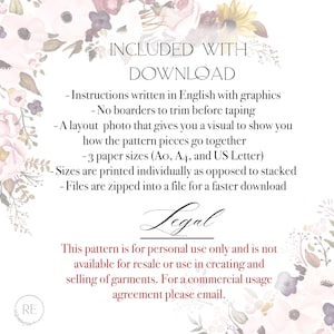 May include: A white background with floral designs and text that reads "INCLUDED WITH DOWNLOAD". The text lists the contents of a digital download, including instructions, a layout photo, and three paper sizes. The text also includes a legal notice stating that the pattern is for personal use only.