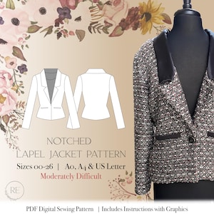 May include: A digital sewing pattern for a notched lapel jacket. The pattern includes instructions with graphics and is available in sizes 00-26. The pattern is moderately difficult to sew.