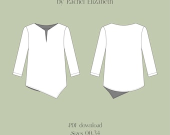 Sewing Pattern Asymmetrical Hem Blouse, Top Sewing Pattern pdf download instant print at home, Easy sewing pattern beginners instructions