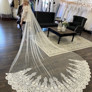 Beautiful Royal Length Lace Trim Tulle Bridal Veil