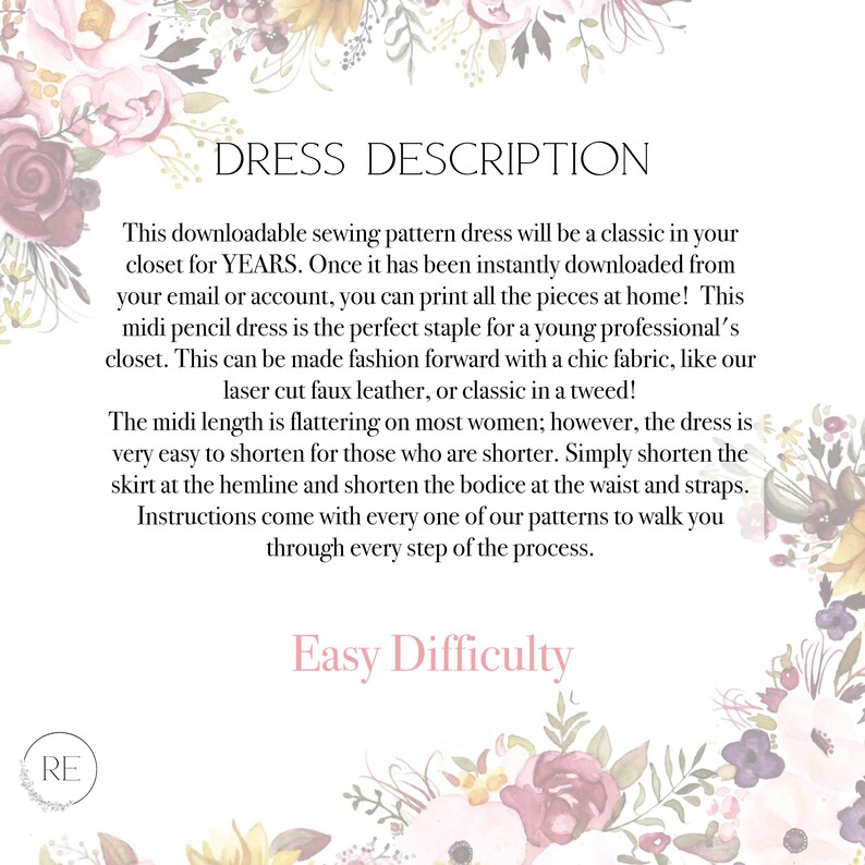 縫製パターン フィットミディペンシルドレス ダウンロード可能なパターン 即時ダウンロード PDF 縫製パターン Vネックドレス ミディドレス 簡単なパターン作業 画像 6