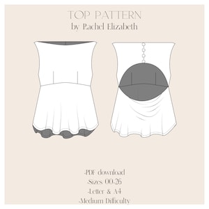 May include: A digital sewing pattern for a sleeveless top with a unique cutout back design. The pattern includes sizes 00-26 and is available in letter and A4 sizes. The pattern is described as medium difficulty.