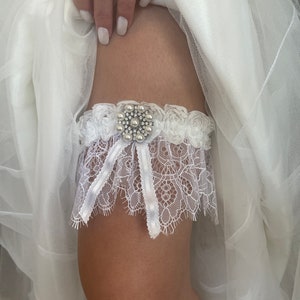 Garter Belt Set with White Roses, Lace, Rhinestones and Pearls, toss garter and keep garter