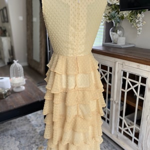 A photo of the sample dress on a mannequin showing the full back of the dress. The back is full coverage with a high scoop neckline and sleeveless shoulder. There is an invisable zipper down the back of the dress. The skirt has ruffled tiers of chiffon layers and is a midi length.