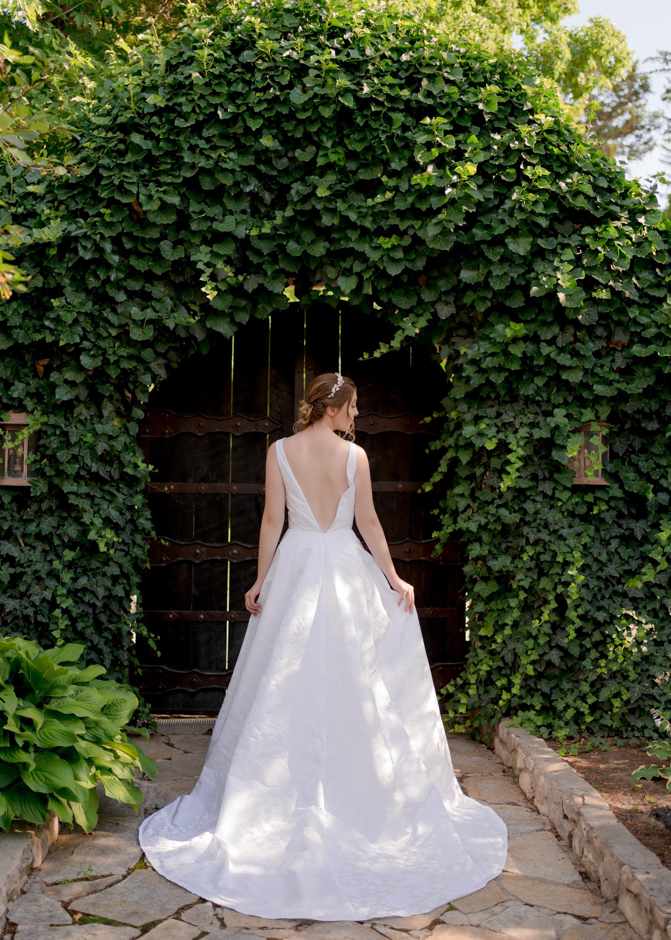 Floral Aline Wedding Dress - Jacquard, Pockets, Long Train, V-Neck - Ivory, Pale Ivory, White
