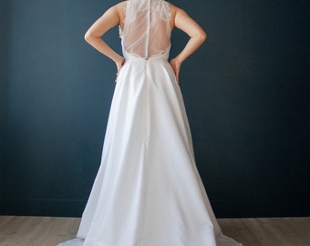 Vestido de novia de Shantung, botones en la espalda con ilusión de encaje, corpiño de encaje raglán con descuento, cola larga, tela texturizada de seda sintética, talla de novia 8