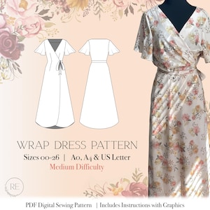 Sewing Pattern Wrap Dress flutter sleeves, downloadable instant print at home pattern,  cross over dress with ties download instructions