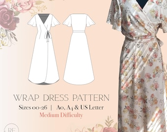 Sewing Pattern Wrap Dress flutter sleeves, downloadable instant print at home pattern,  cross over dress with ties download instructions
