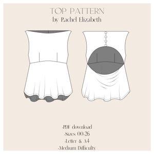 May include: A digital sewing pattern for a sleeveless top with a unique cutout back design. The pattern includes sizes 00-26 and is available in letter and A4 sizes. The pattern is described as medium difficulty.