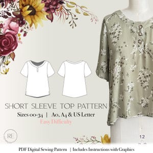 Sewing Pattern Casual Blouse with Button Placket Instant download print at home sewing pattern comfy wide cut top with short sleeves pdf