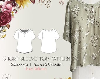 Sewing Pattern Casual Blouse with Button Placket Instant download print at home sewing pattern comfy wide cut top with short sleeves pdf