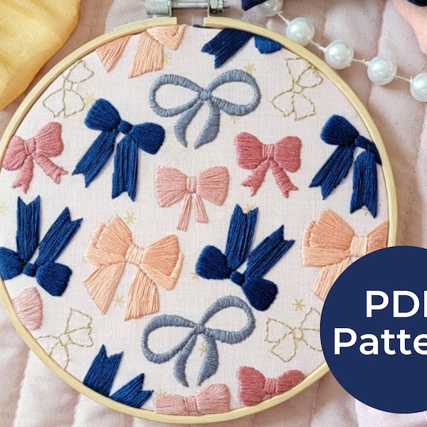 Bow Embroidery PDF Pattern. Girly Embroidery. Beginner Embroidery. PDF Pattern. Hand Embroidery Project. Pink Embroidery. Modern Embroidery.