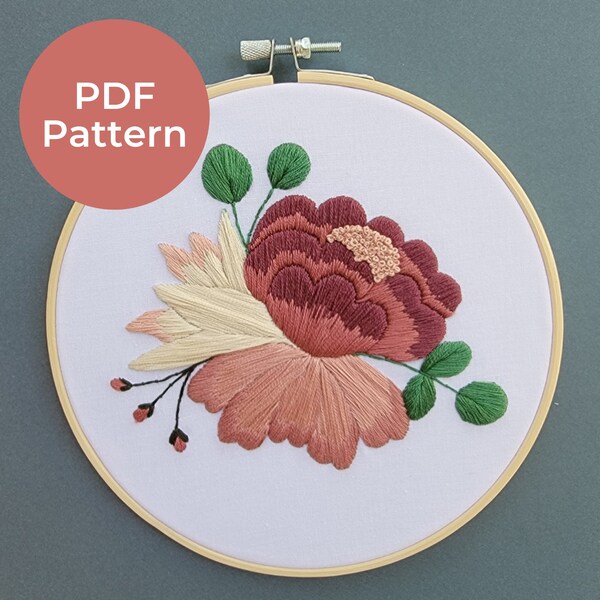 Tickle Me Peony Embroidery Pattern. PDF embroidery pattern. Beginner Embroidery. Flower Embroidery Pattern. Peony, Lily, Rose Embroidery.