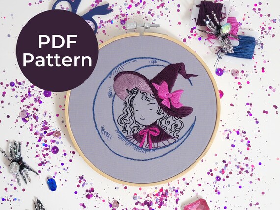 Girly Halloween Witch Embroidery Pattern: 6in Hoop (PDF Pattern)