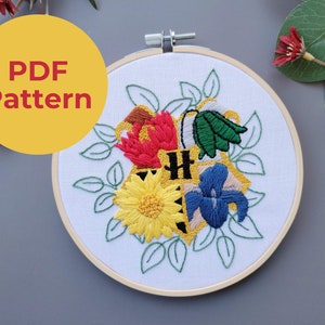 May include: Embroidered hoop art featuring the Hogwarts house crests with floral motifs. The crests are surrounded by green leaves and include a lion, a snake, a badger, and an eagle.