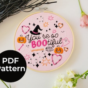 Bootiful Halloween Embroidery Pattern. PDF Pattern. Halloween Hand Embroidery Pattern. Pink Halloween. Beginner Embroidery.