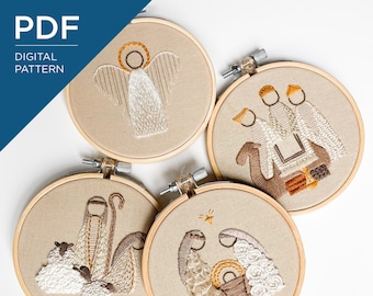 Nativity Ornament Set 4" Embroidery Pattern with Angel| Christmas Ornament Pattern | DIY Christmas Embroidery Pattern | Beginner Embroidery