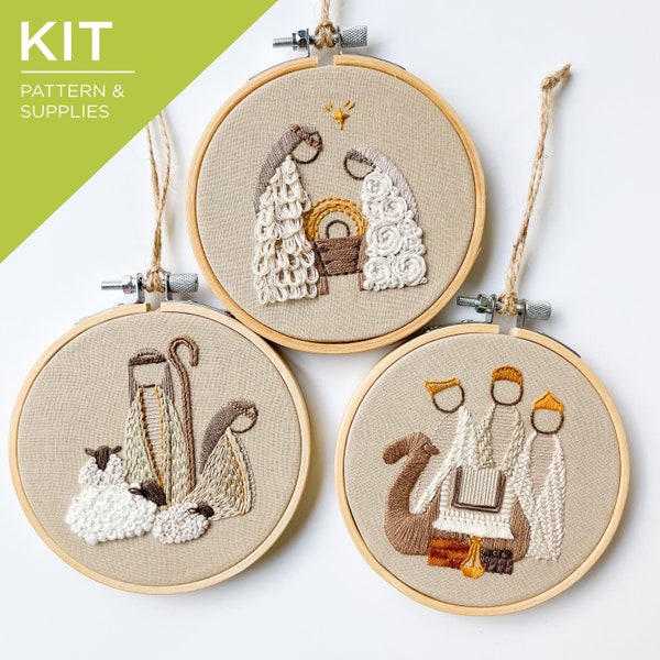 Nativity Ornament Set 4" Embroidery Kit | Christmas Ornament Embroidery Kit | DIY Nativity Embroidery Set | Nativity Scene Embroidery Kit