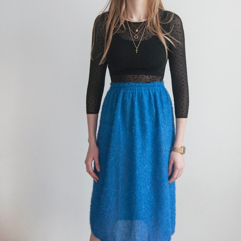 split side fluffy material S Vintage knee length neon blue skirt M