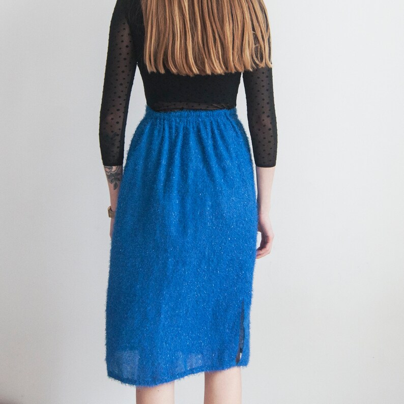 split side fluffy material S Vintage knee length neon blue skirt M
