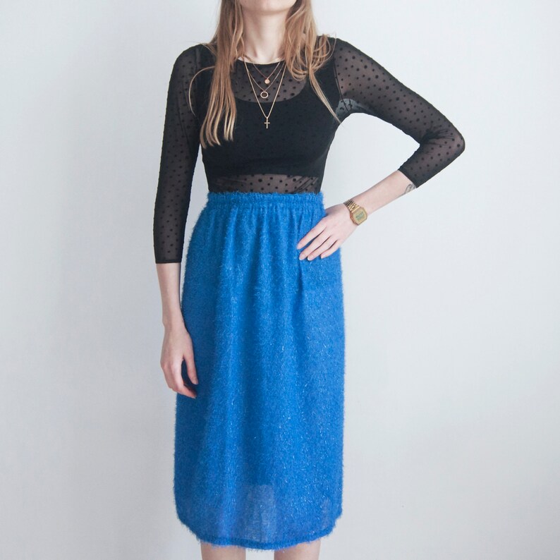 split side fluffy material S Vintage knee length neon blue skirt M