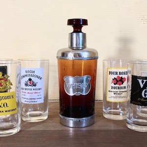 Vintage, amber-colored Whiskey carafe + 6 glasses.
