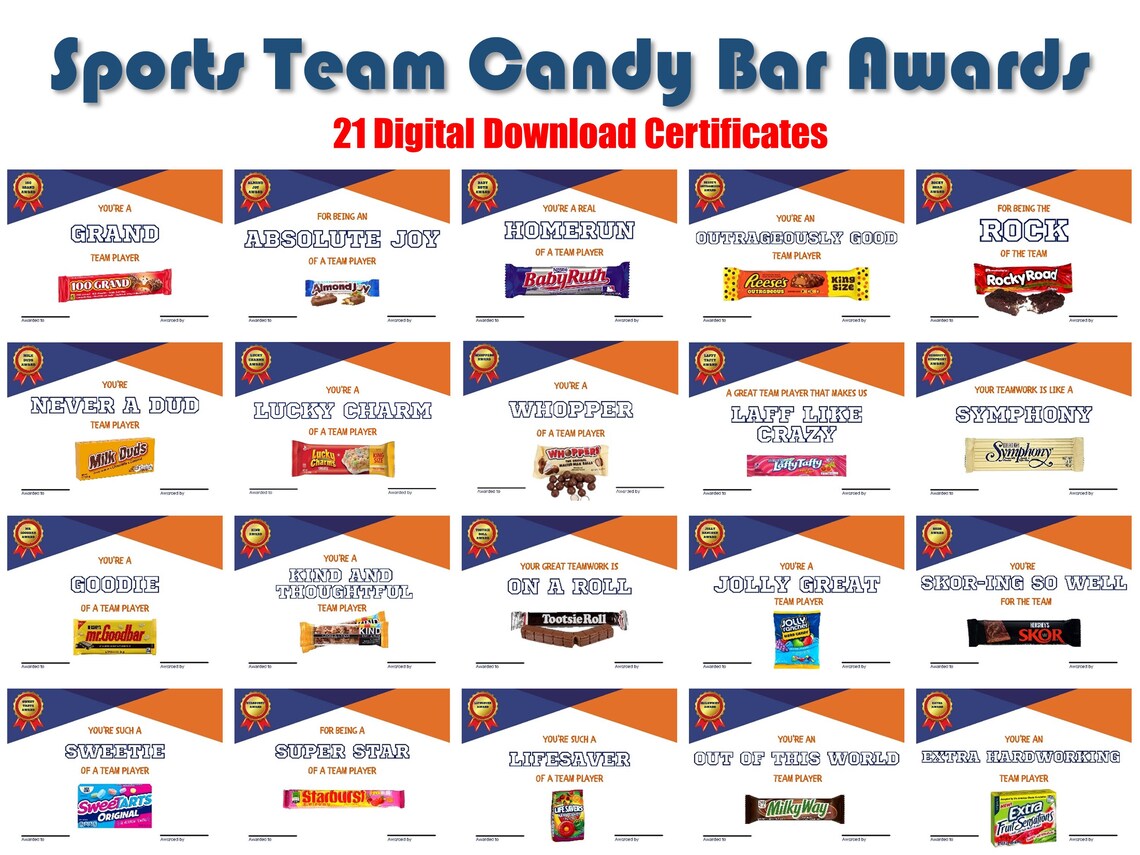 21 Sports Team Candy Bar Award Certificates Sports Players Etsy