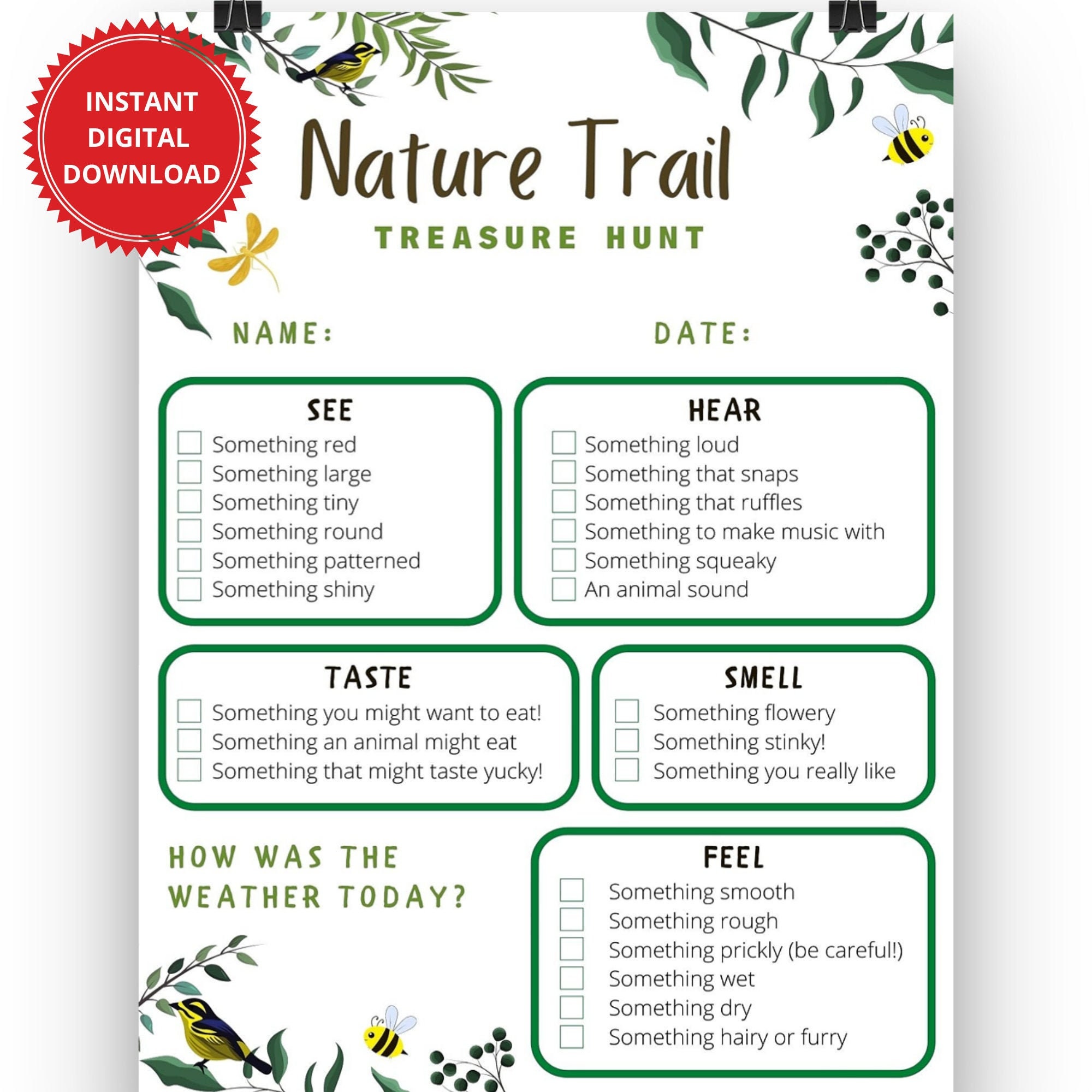 Nature Trail Treasure Hunt Kids Printable 5 Senses Outdoor | Etsy