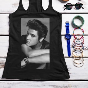 Vintage Retro Portrait Elvis Presley King of Rock and Roll Women&#39;s Racerback Tank Top for Elvis fans.