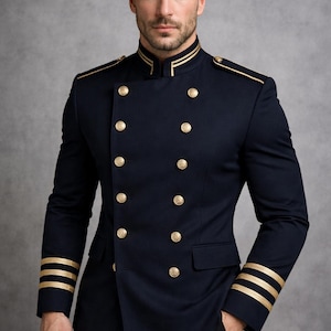 Navy Blue Military Style Jacket, Gold Button Double Breasted Coat, Royal Blazer