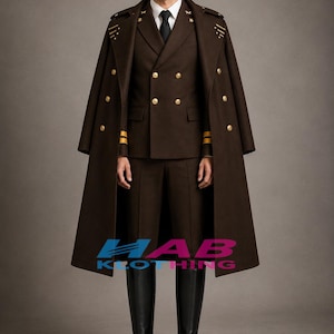 Men’s Military Officer Double-Breasted Uniform with Long Cape – Brown Ceremonial Formal Suitby HUB CLOUTHING