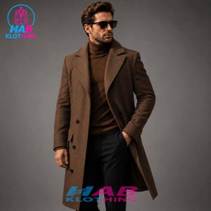 May include: A brown double-breasted wool-blend overcoat with wide lapels and black buttons, worn over a matching brown turtleneck sweater and black trousers. The garment features structured shoulders and a long, tailored fit with side pockets.