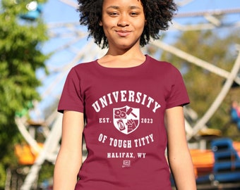 Paper Jamm T-shirts: "Universititty" White on Burgundy, double side print, 100% Cotton. Available in small, medium and large