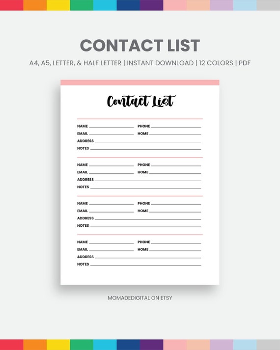 Printable Contact List Insert Personal Planner Inserts To-do | Etsy