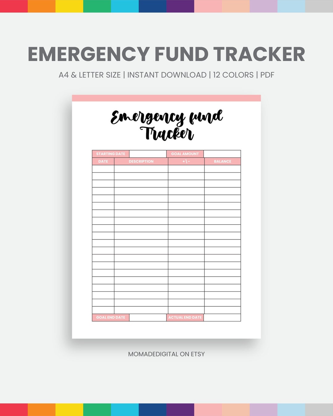 Printable Emergency Fund Tracker Printable Colorful Financial Planner ...