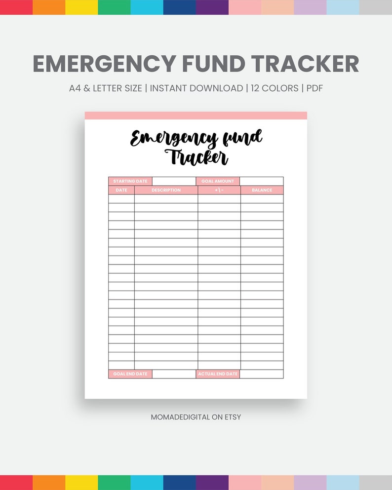 Printable Emergency Fund Tracker Printable Colorful Financial Planner ...