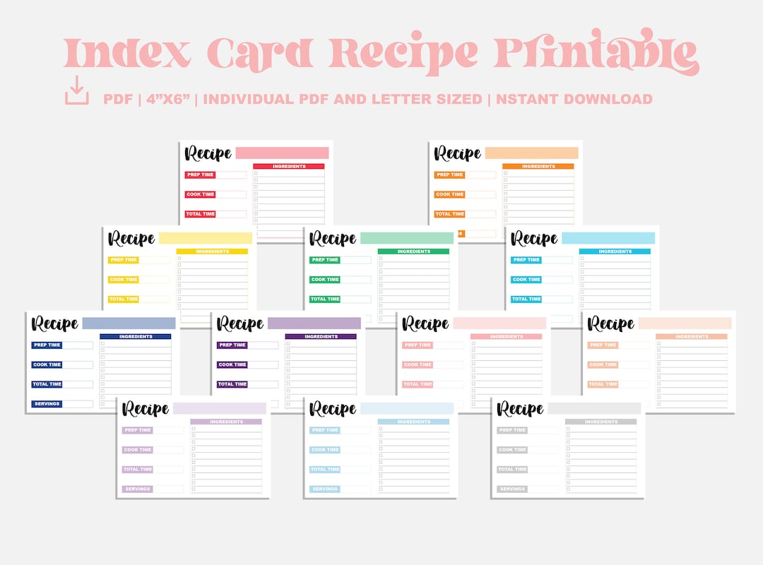 Recipe Card Printable | Index Card Size | Printable PDF | Letter Size ...